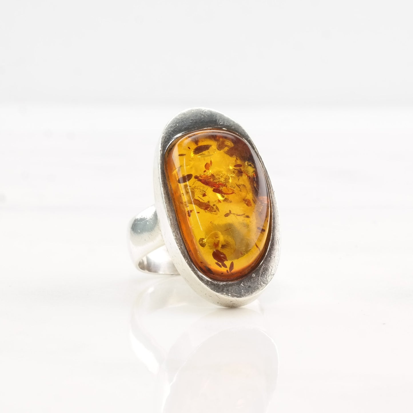 Vintage European Silver Ring Amber Oval Sterling Size 6 1/4