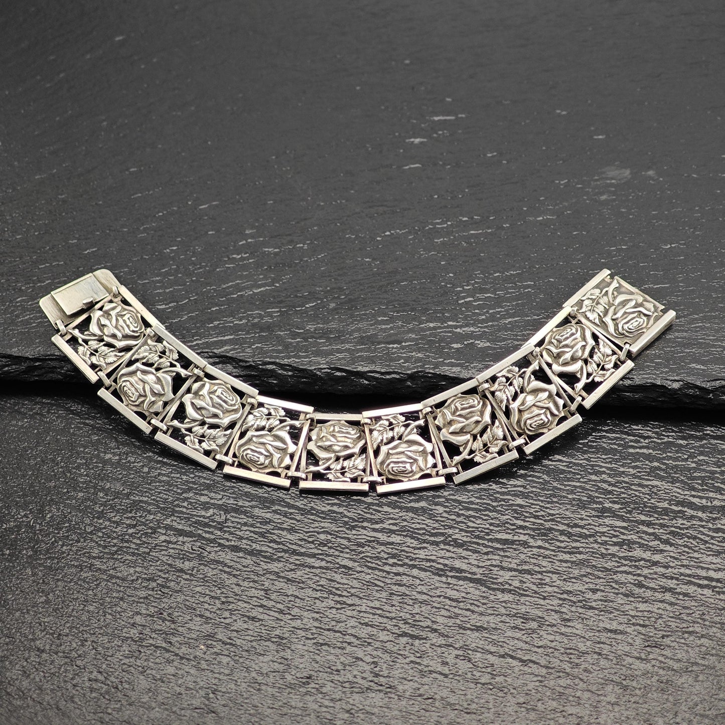 Art Nouveau Sterling Silver Rose Link Bracelet Vintage Elegance