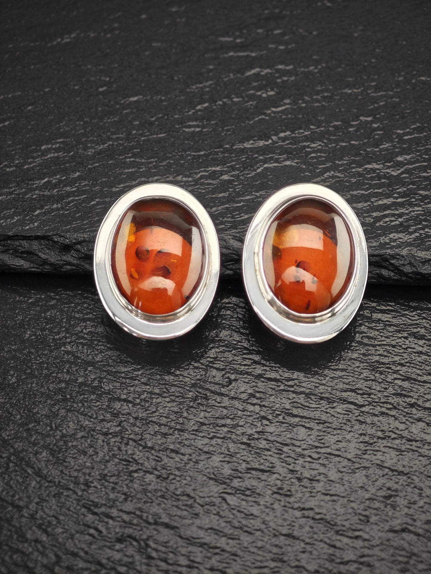 Large Modernist Amber Sterling Silver Clip On Earrings