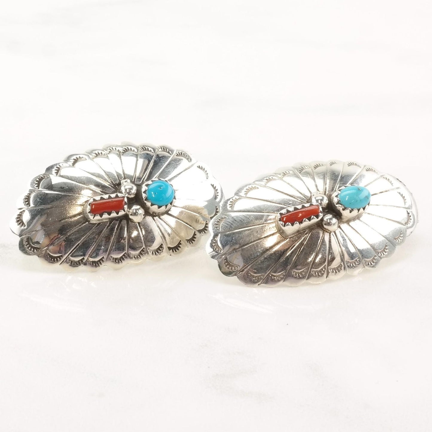 Native American Sterling Silver Turquoise Coral Concho Earrings Stud