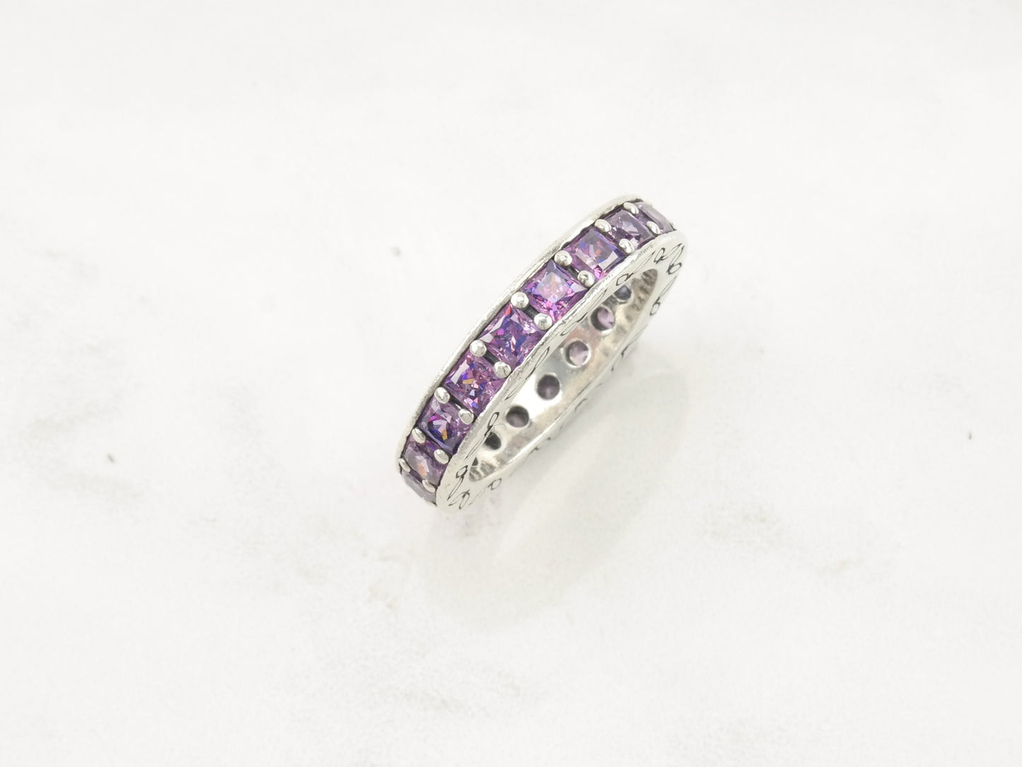 Vintage Pandora Sterling Silver Ring Purple CZ Size 6 3/4