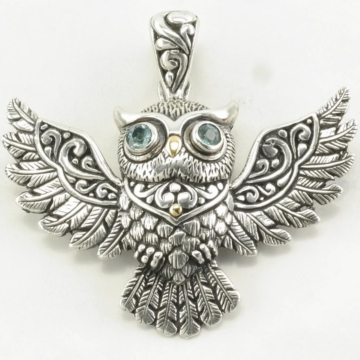 Vintage 18K Gold Accents, Blue Topaz Owl Sterling Silver Pendant