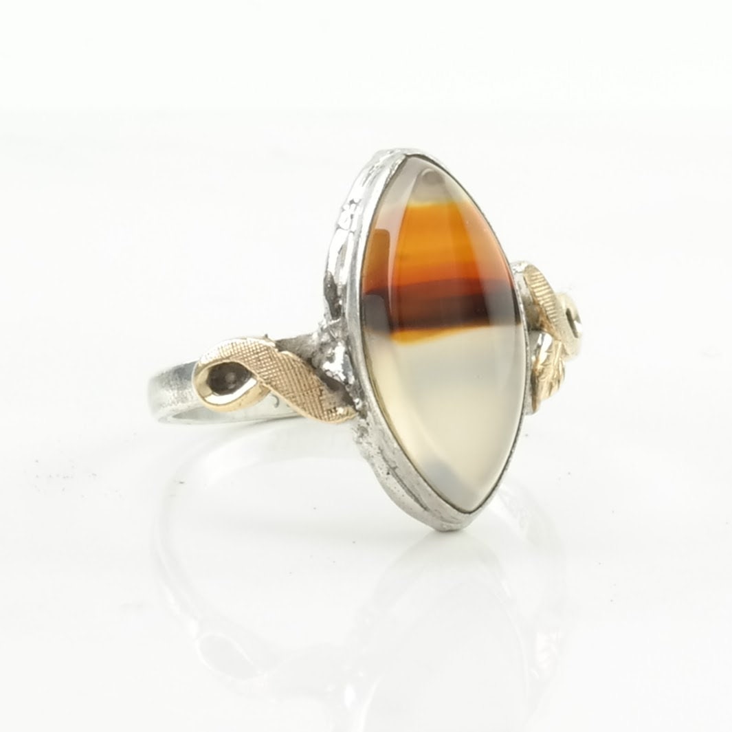 Vintage Art Deco Silver Ring Dendritic Agate Navette Sterling Size 6
