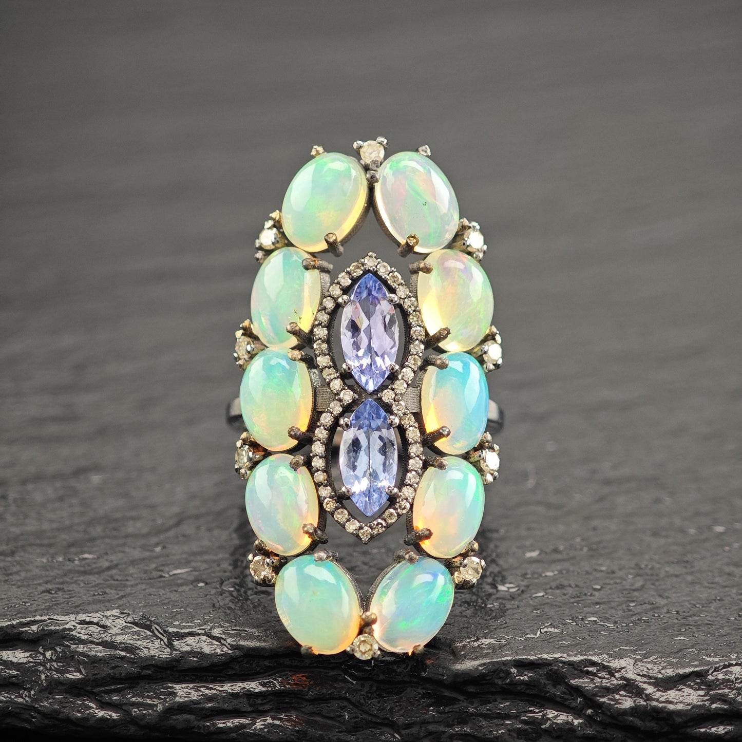 Oxidized Sterling Silver Ring with Diamond Tanzanite Opal