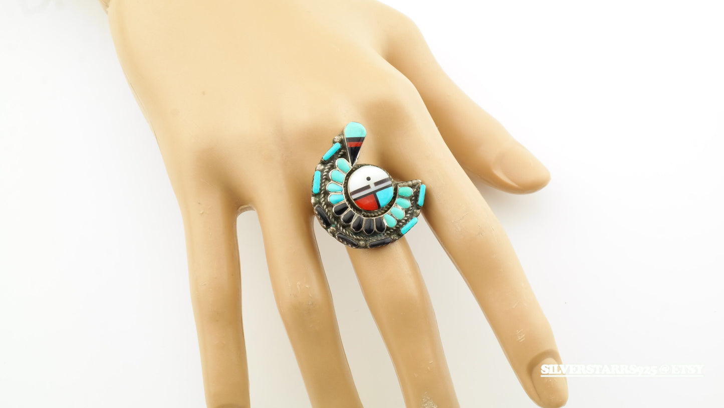 Vintage Zuni Sterling Silver Ring Size 8.25 Blue, White, Red, Black Turquoise Inlay