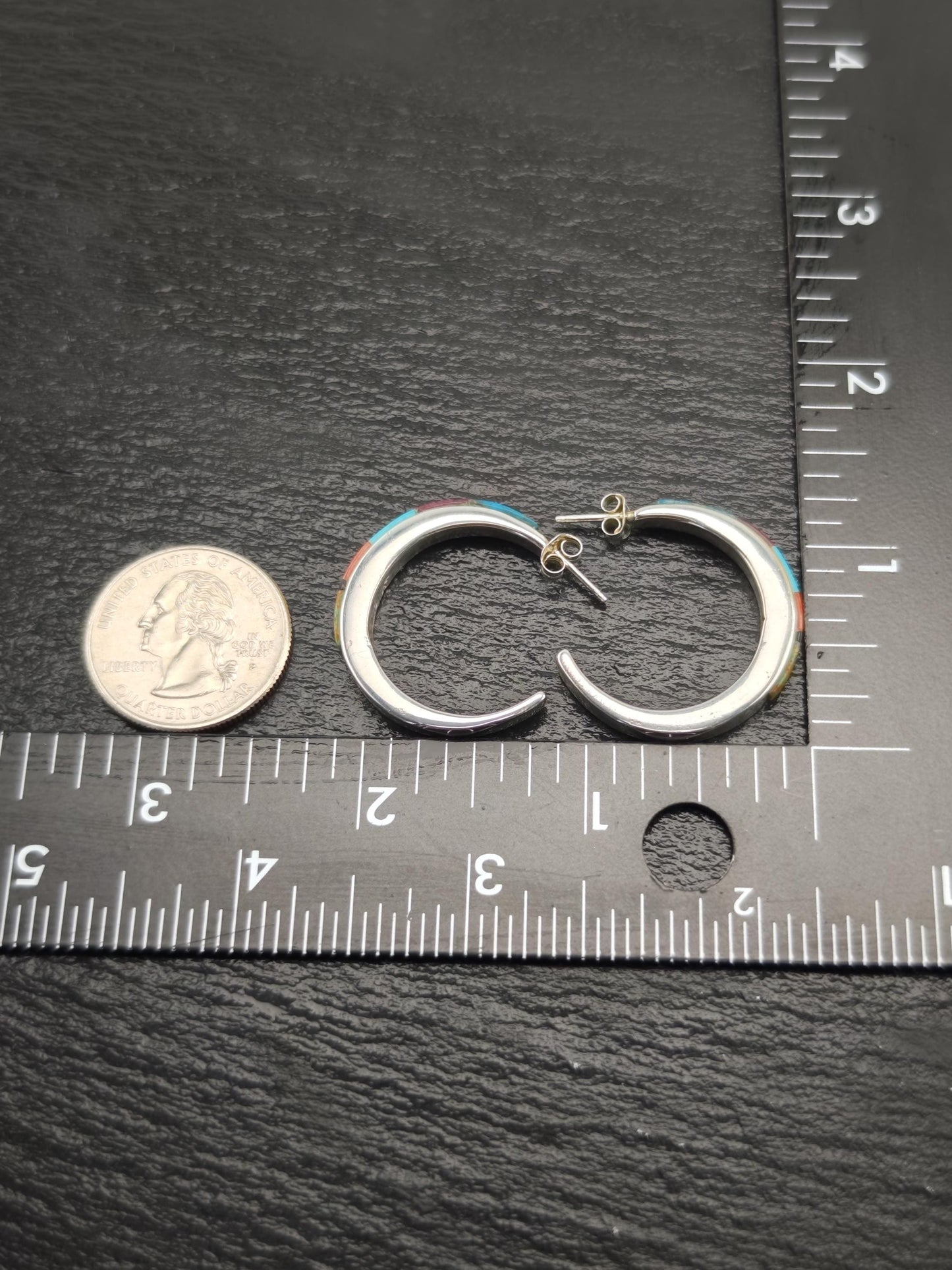 Southwest Turquoise, Coral Inlay Stud/Hoop Earrings Sterling Silver