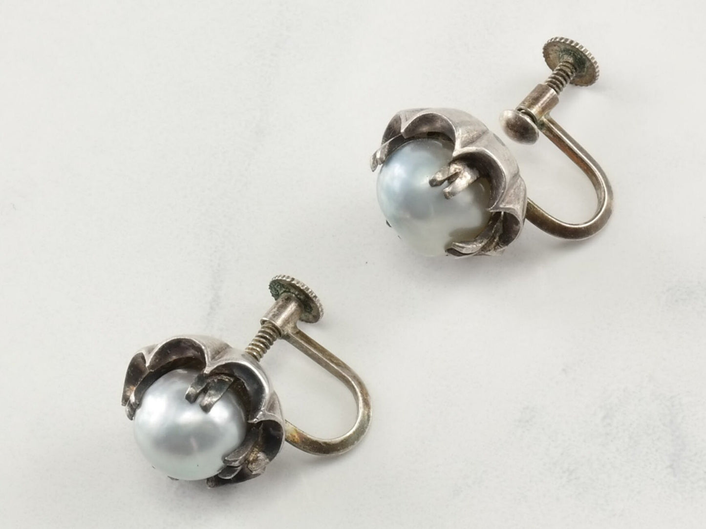 Vintage Sterling Silver Pearl Floral Earrings Screw Back