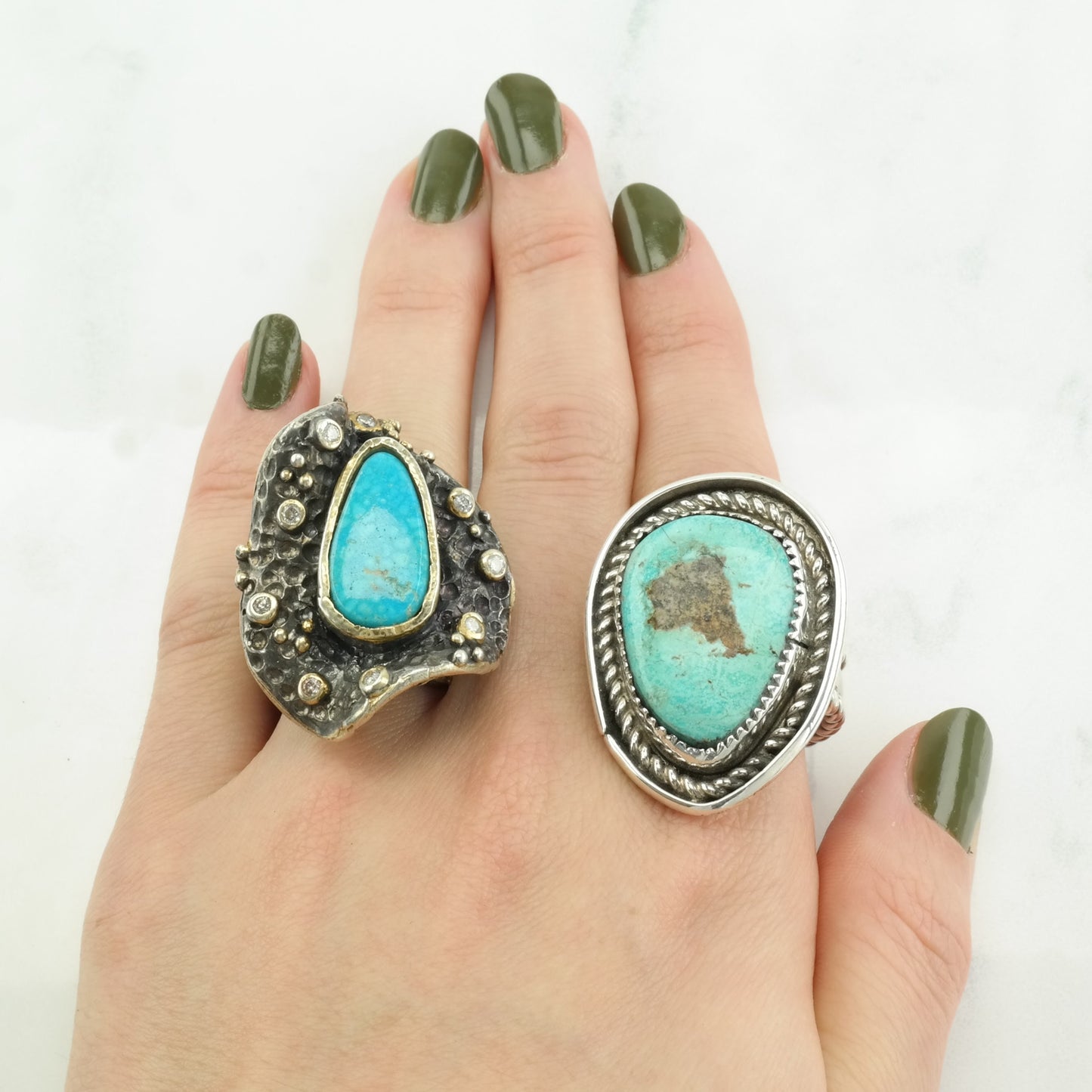 Vintage Navajo Ring Turquoise Large Sterling Silver Size 9 1/4