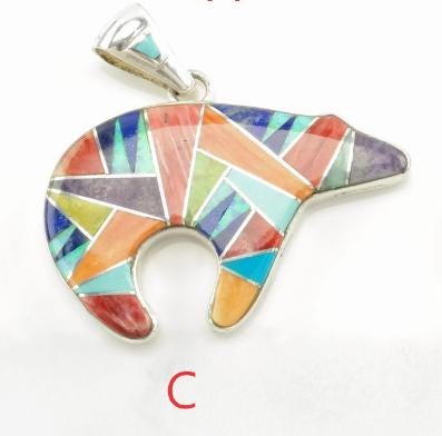 Vintage Southwest Lab Opal, Multi Gem Inlay, Bear, Buffalo, Reversible Sterling Silver Pendant