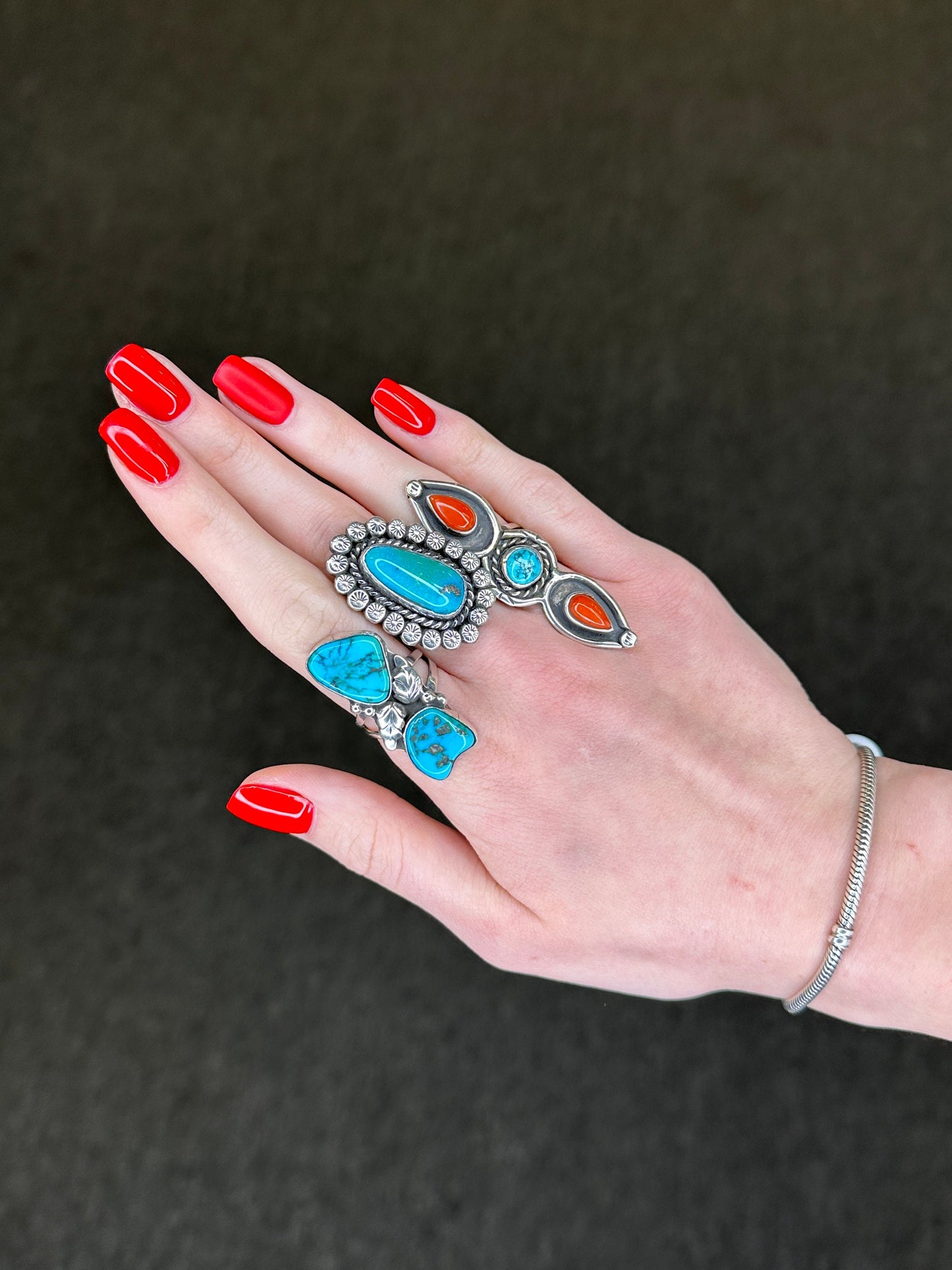 Vintage Native American Ring Two Stone Turquoise, Feather, Leaf Sterling Silver Size 7