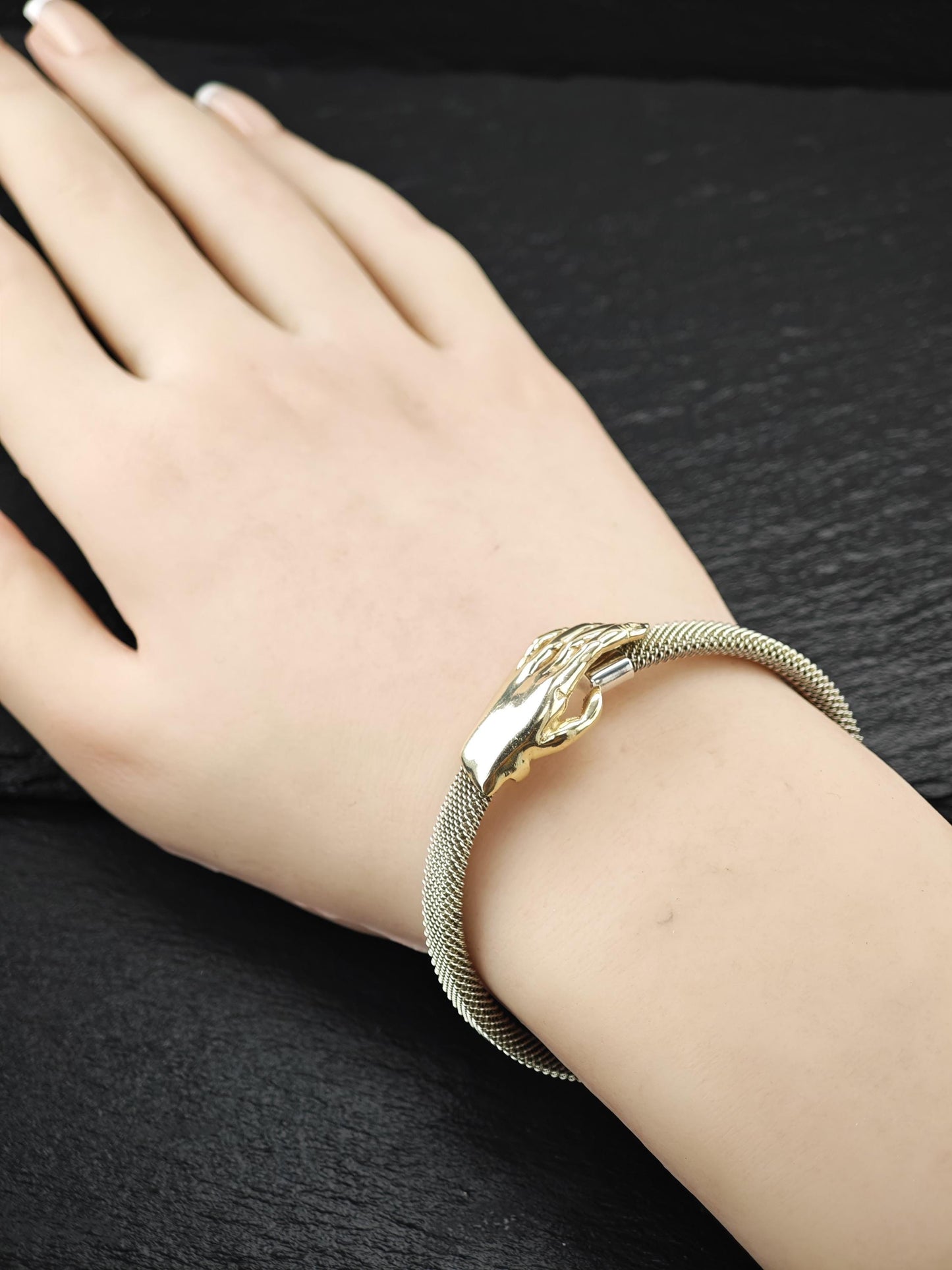 Vintage Mignon Faget, 14k Gold Hand Bangle on Stainless Steel