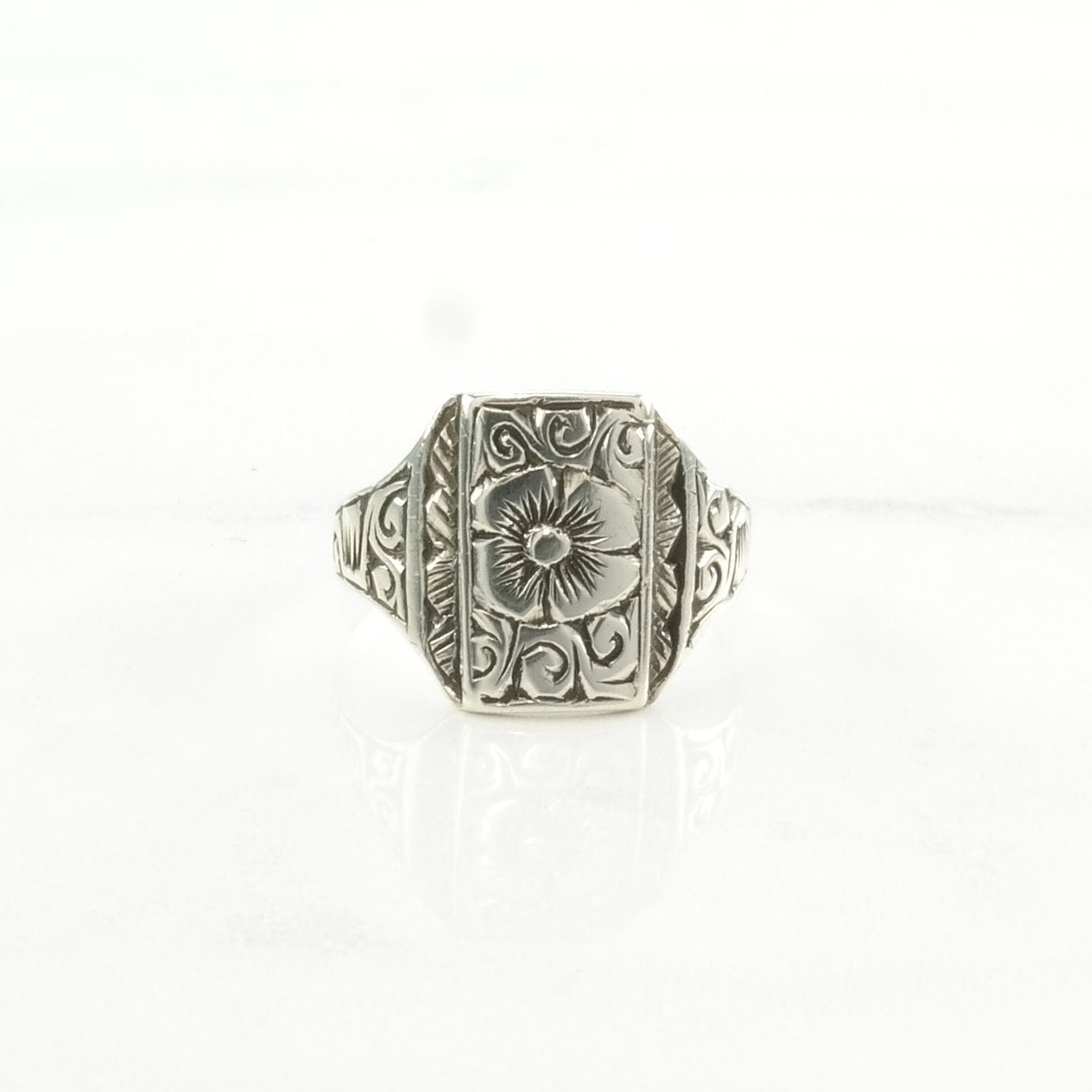 Vintage Antique Silver Ring Floral Hand Engraved Sterling Size 6 3/4, 7 1/4