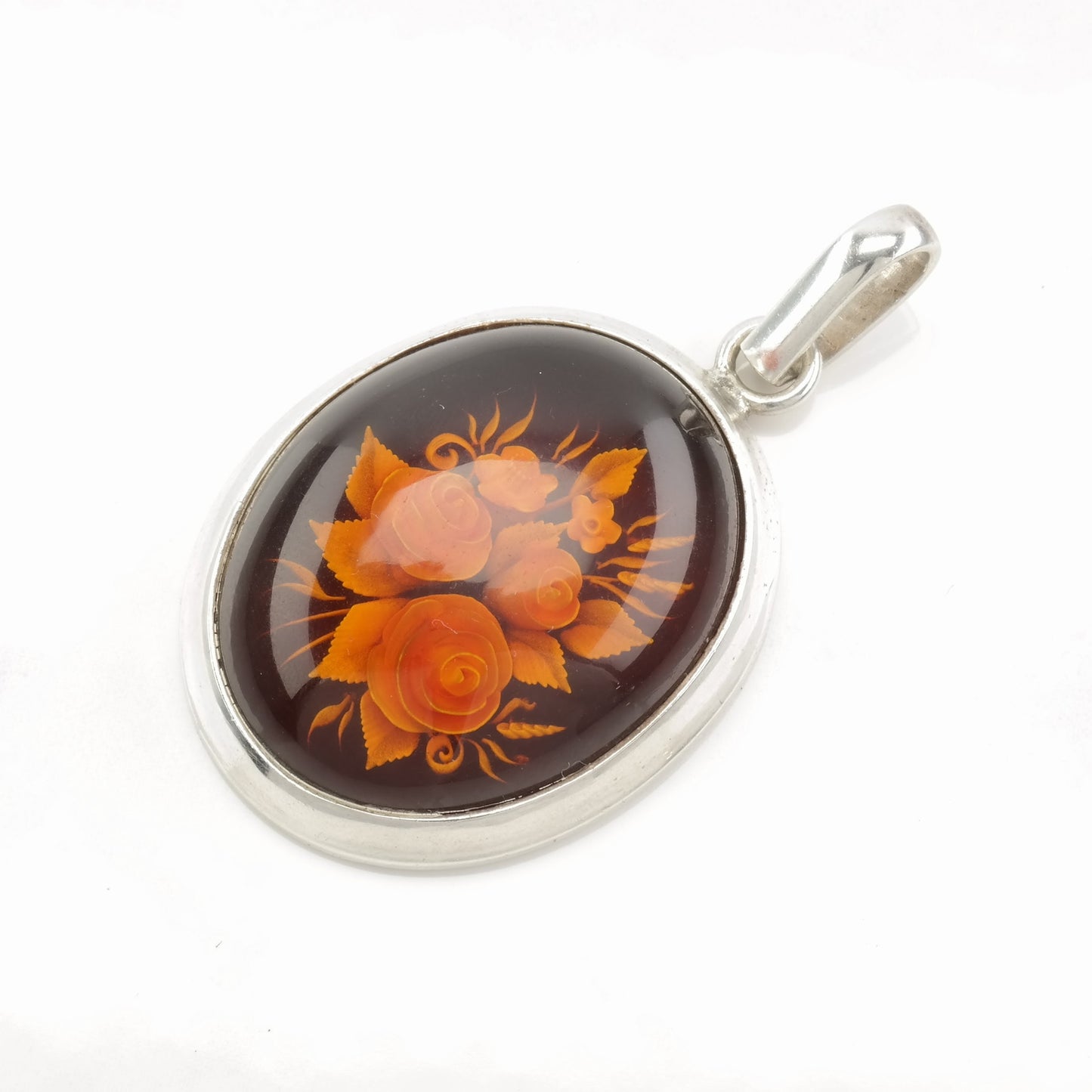 Vintage European Amber, Carved Flower, Intaglio Sterling Silver Pendant