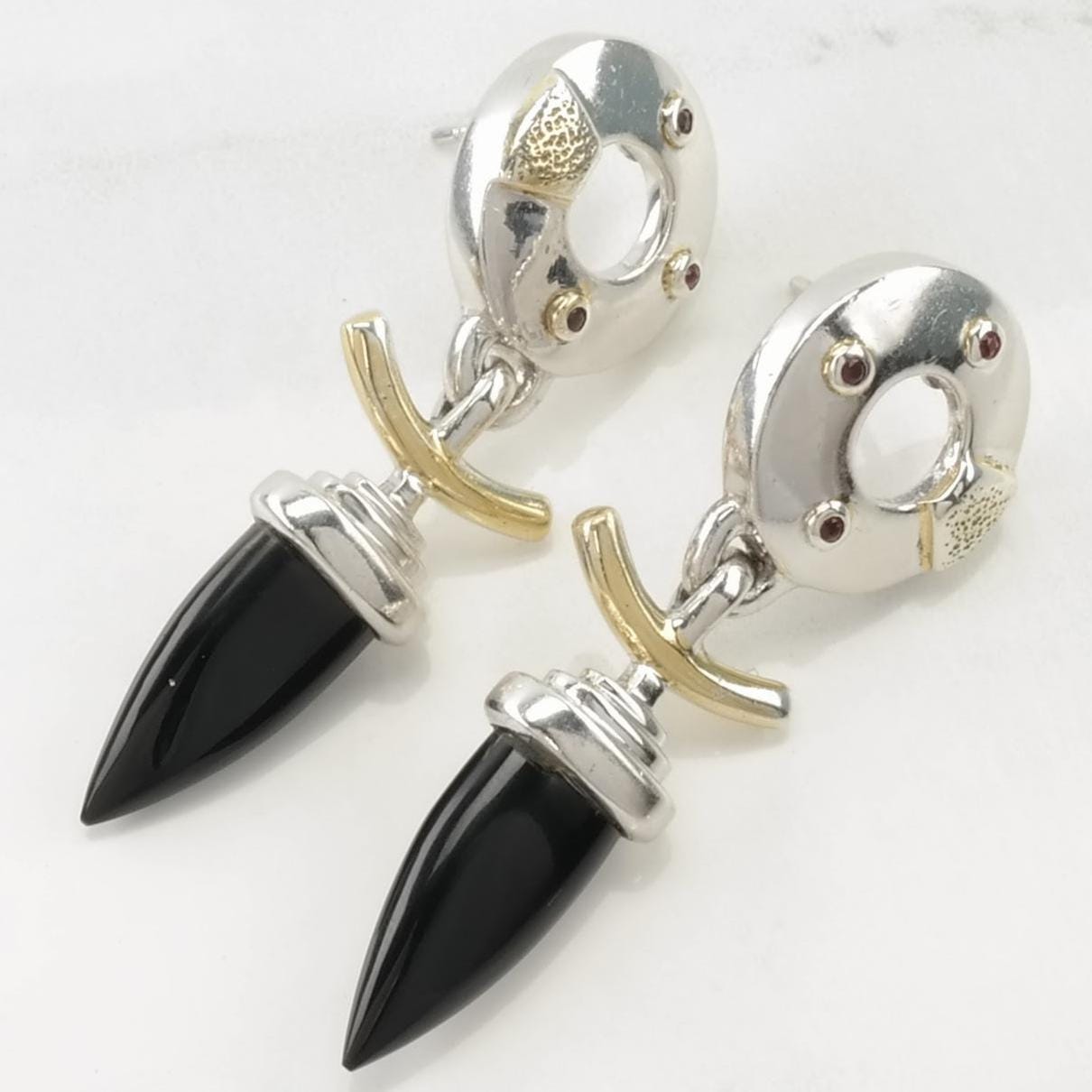 Vintage Sterling Silver Stud/Dangle Earrings Modernist Black Onyx, Ruby Gold Toned Accents