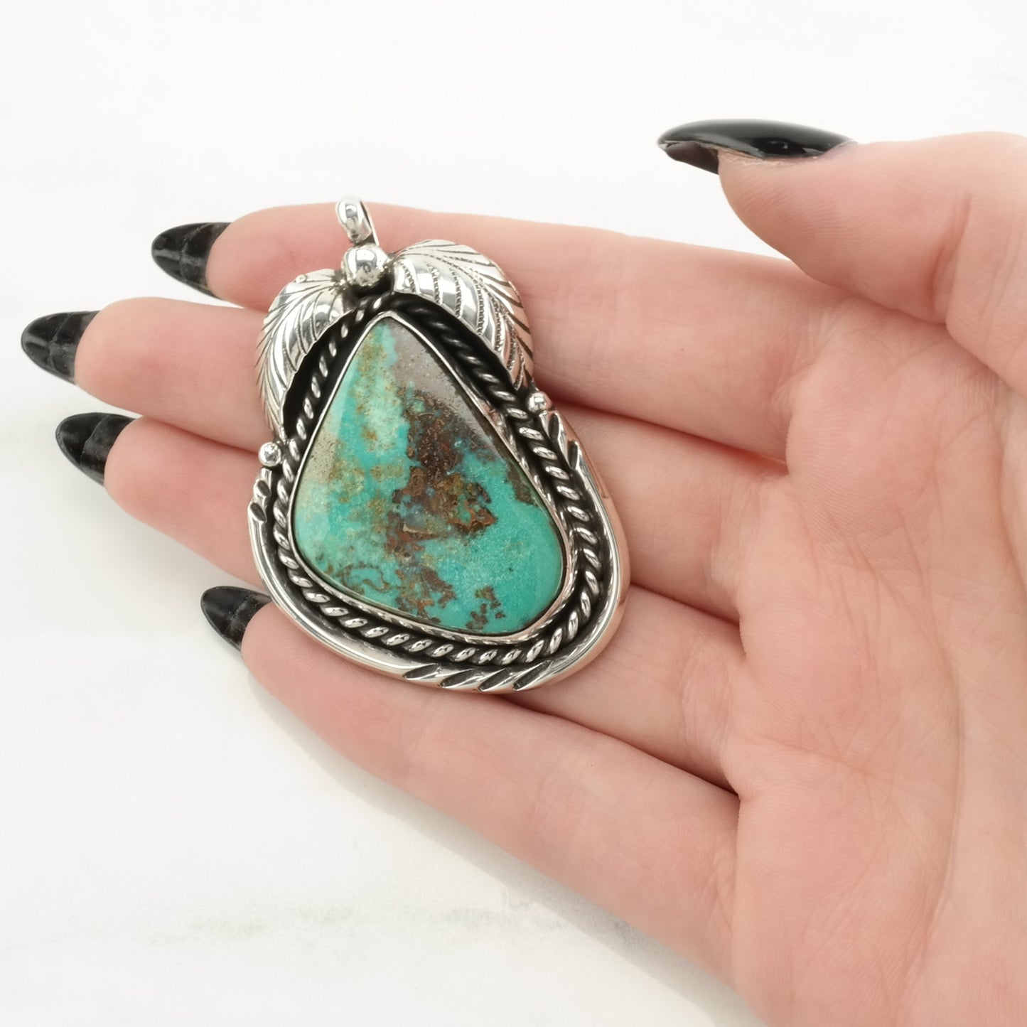 Vintage Native American Turquoise Leaf Sterling Silver Pendant