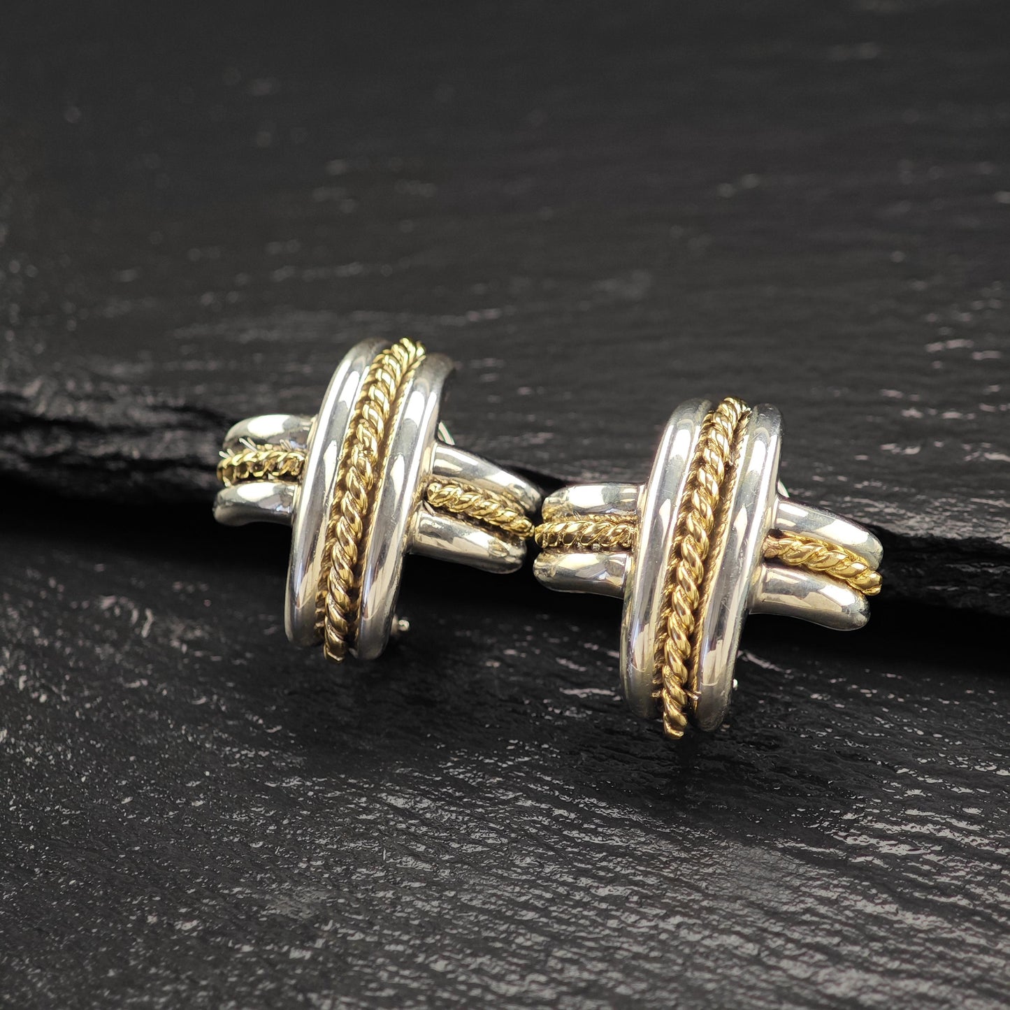 Tiffany Gold Cross, X 18k Gold Accent, Two Tone Omega Back Earrings Sterling Silver