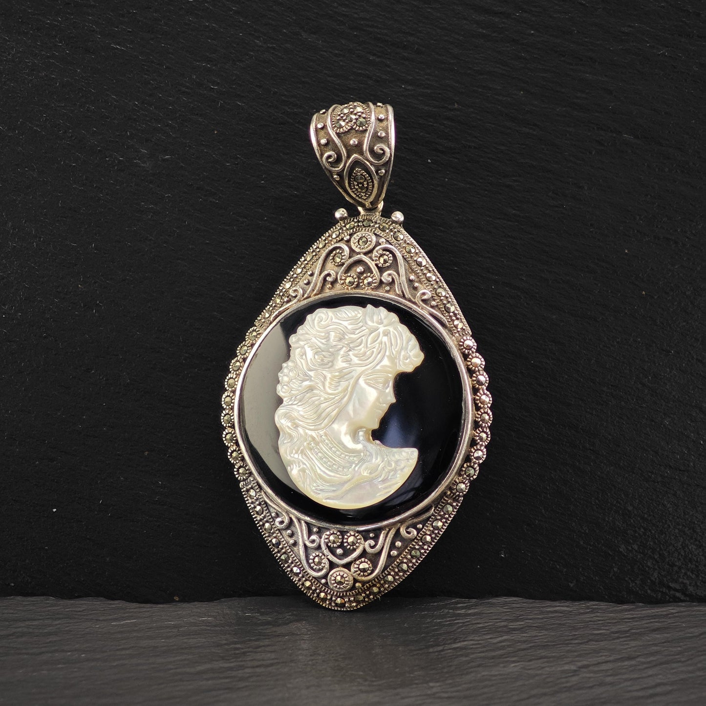Cameo Pendant in Sterling Silver with MOP Onyx Marcasite P2755