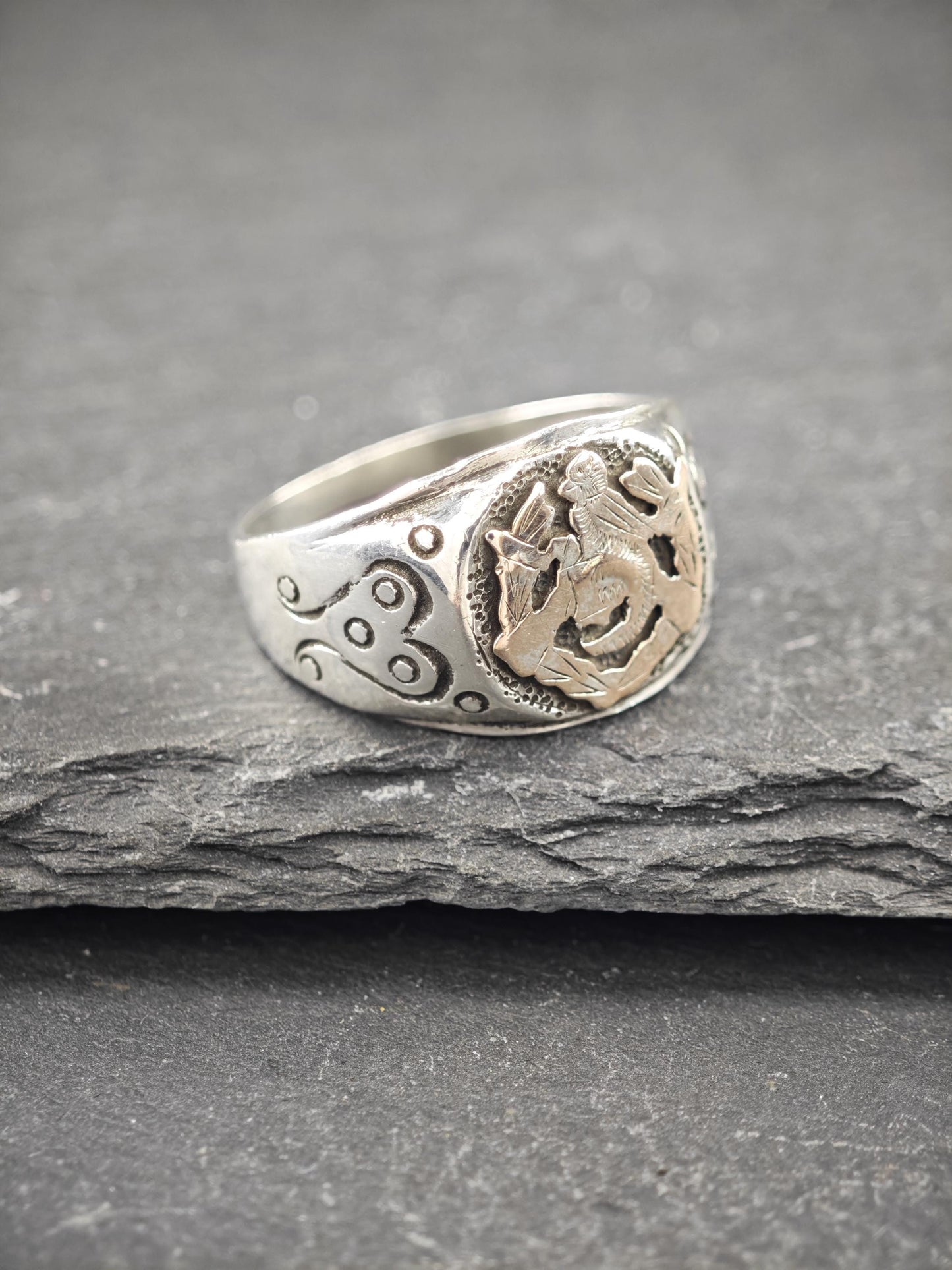 Mexican Biker Ring with Gold Overlay, Bird Sterling Silver