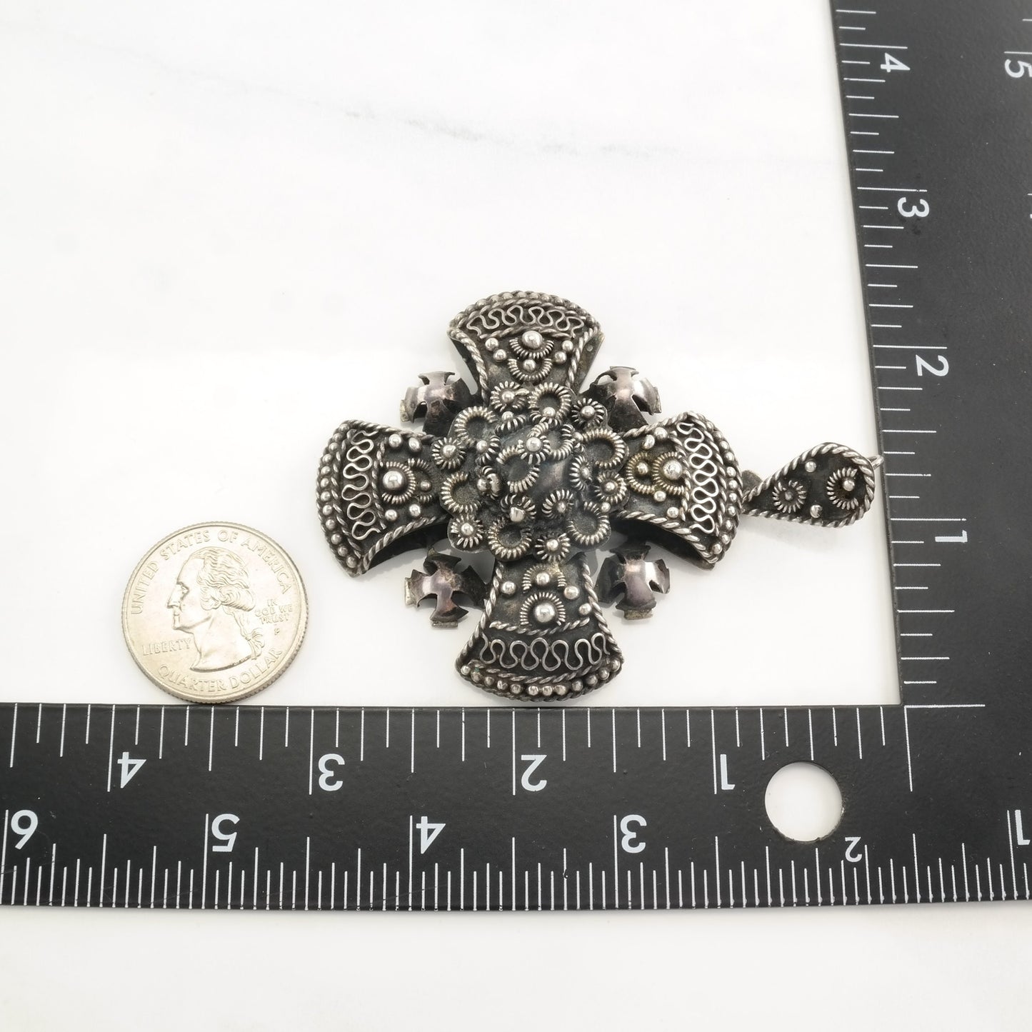 Mexican Jerusalem Cross Ornate, Filigree Sterling Silver Pendant P2102