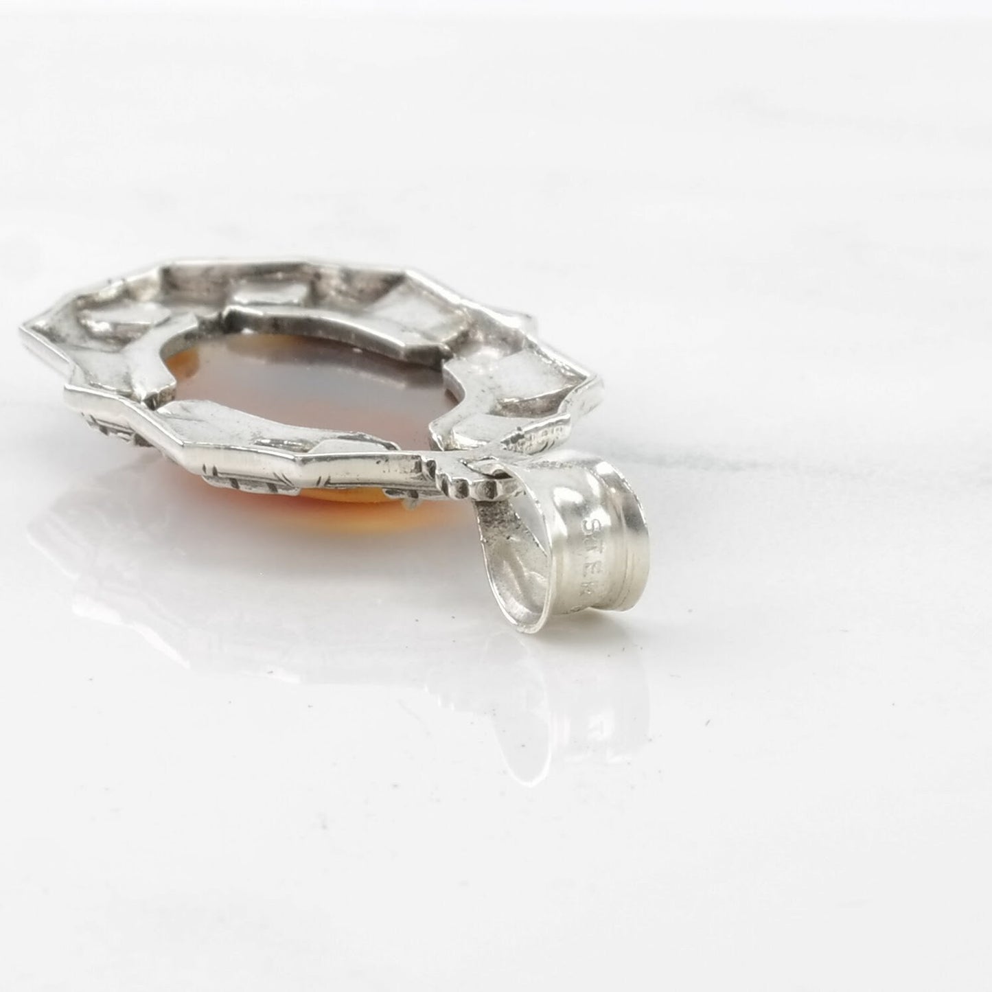 Vintage Art Deco Agate Scroll Sterling Silver Pendant
