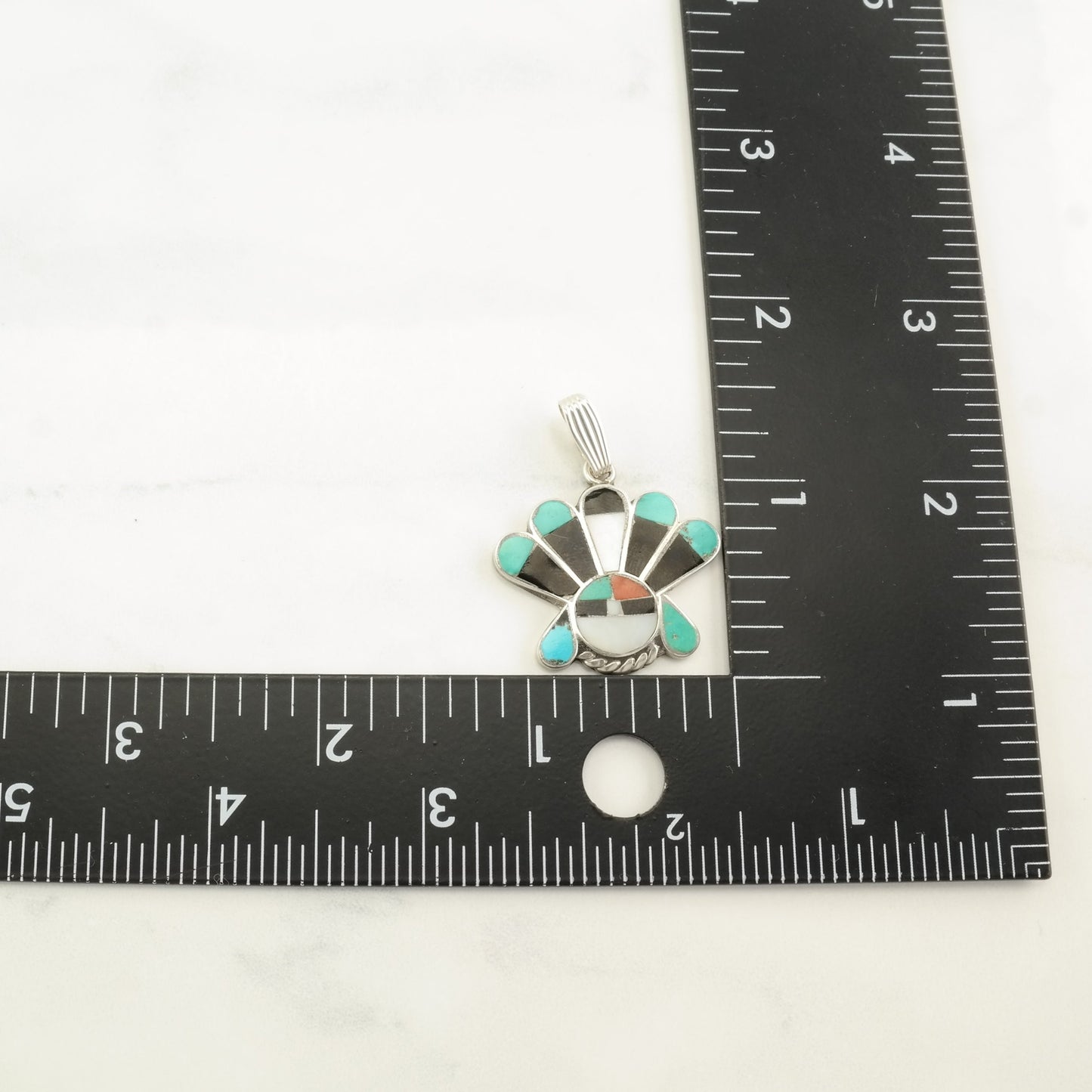 Vintage Native American Multi Gemstone Inlay, Sunface Sterling Silver Pendant