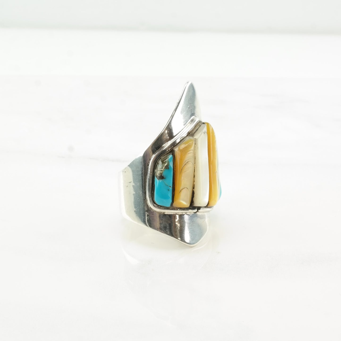 Vintage Zuni Silver Ring MOP Turquoise Cobblestone Inlay Sterling Size 9 3/4