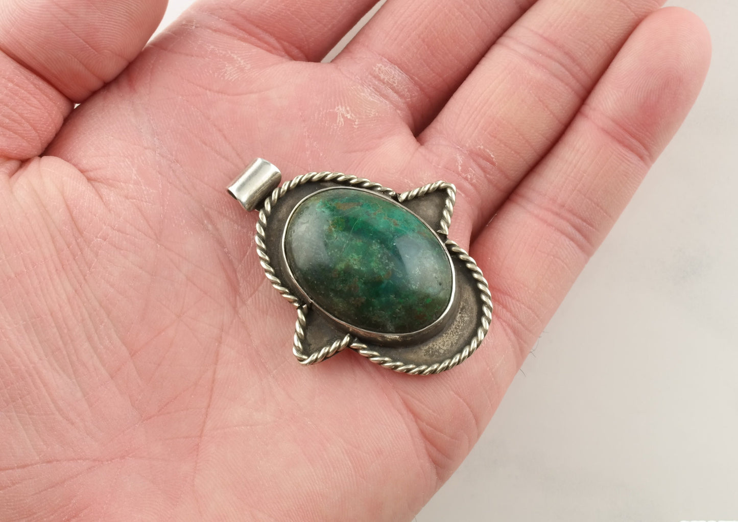 Vintage Jerusalem Stone Hand of Hamsa Sterling Silver Pendant
