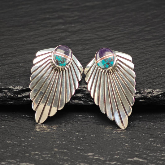 Native American Turquoise, Coral, Sugilite Wings Stud Earrings Sterling Silver