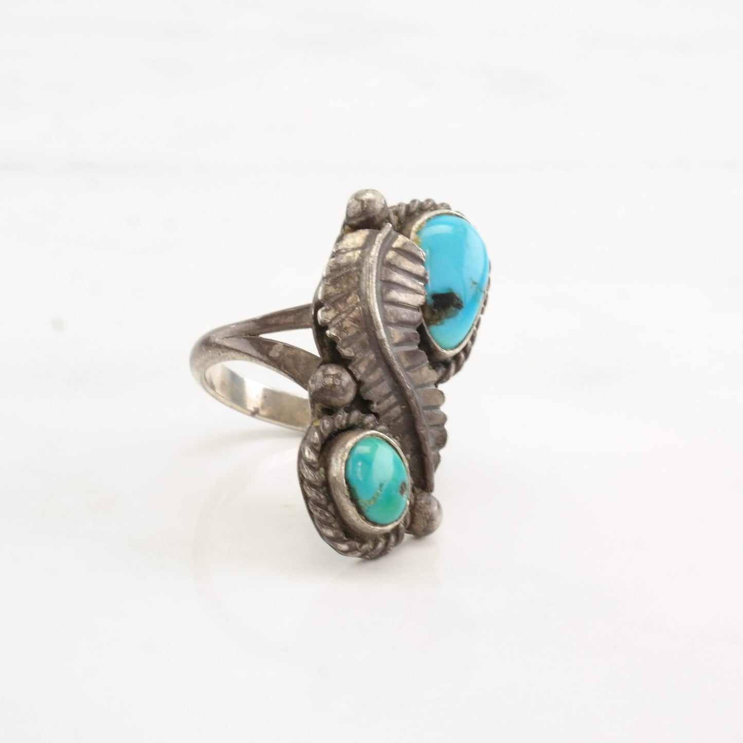 Vintage Native American Silver Ring Turquoise Leaf Double Stone Sterling Size 7 1/2