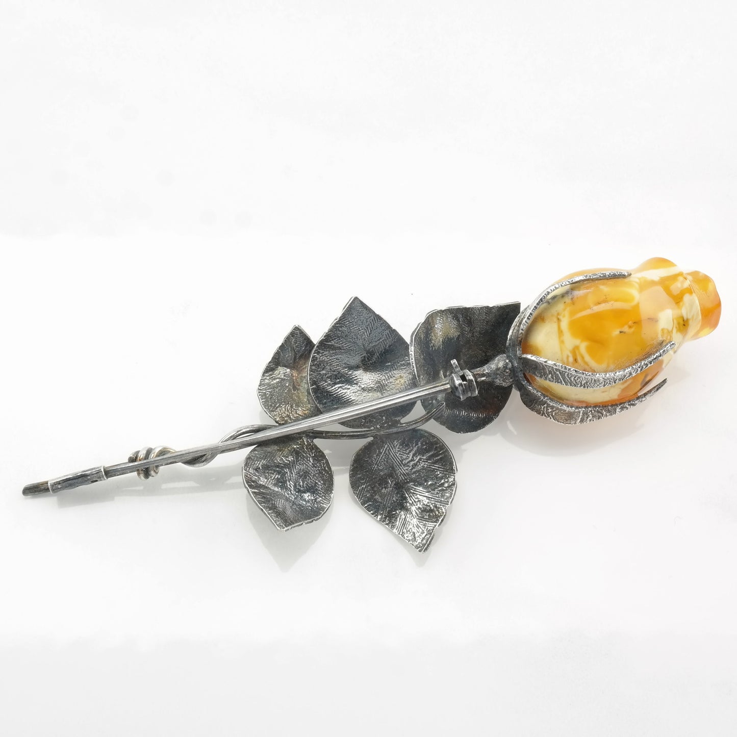 European Sterling Silver Brooch Rose, Floral Butterscotch Amber