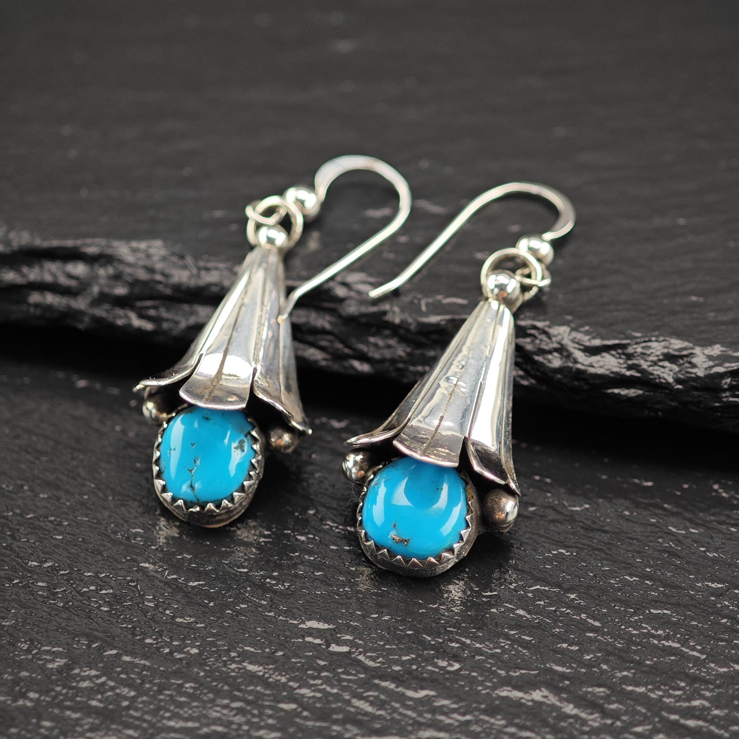Vintage Blue Turquoise Blossom, Fish Hook Earrings Sterling Silver