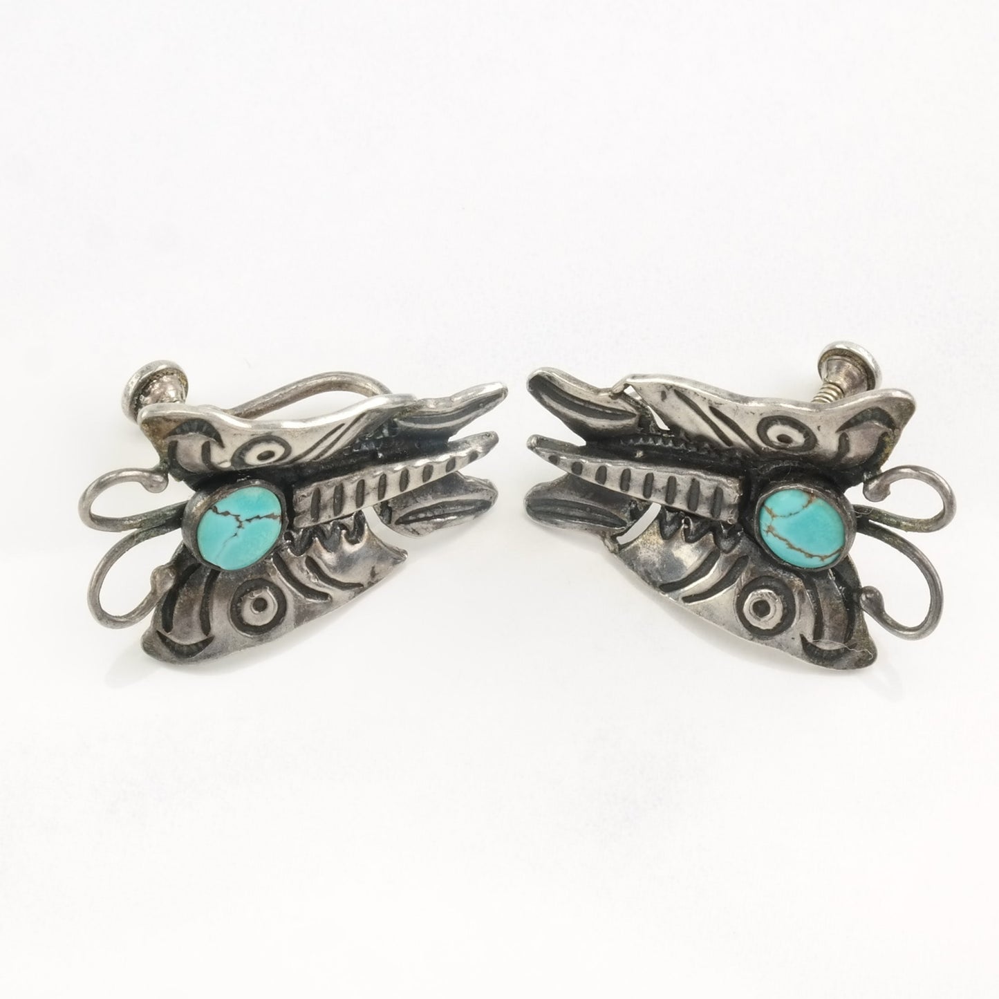 Native American Sterling Silver Blue Turquoise Butterfly Earrings Screwback