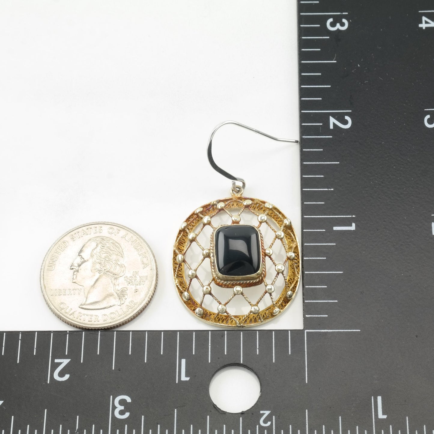 Vintage Black Onyx Gold Plated Net Sterling Silver Fish Hook Earrings