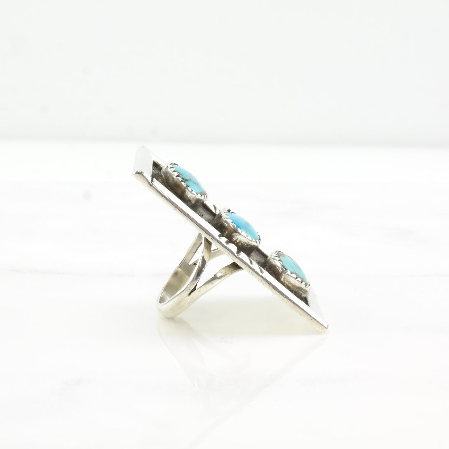Vintage Native American Silver Ring Turquoise Three Stone Shadowbox Long Rectangle Sterling Size 5 1/4