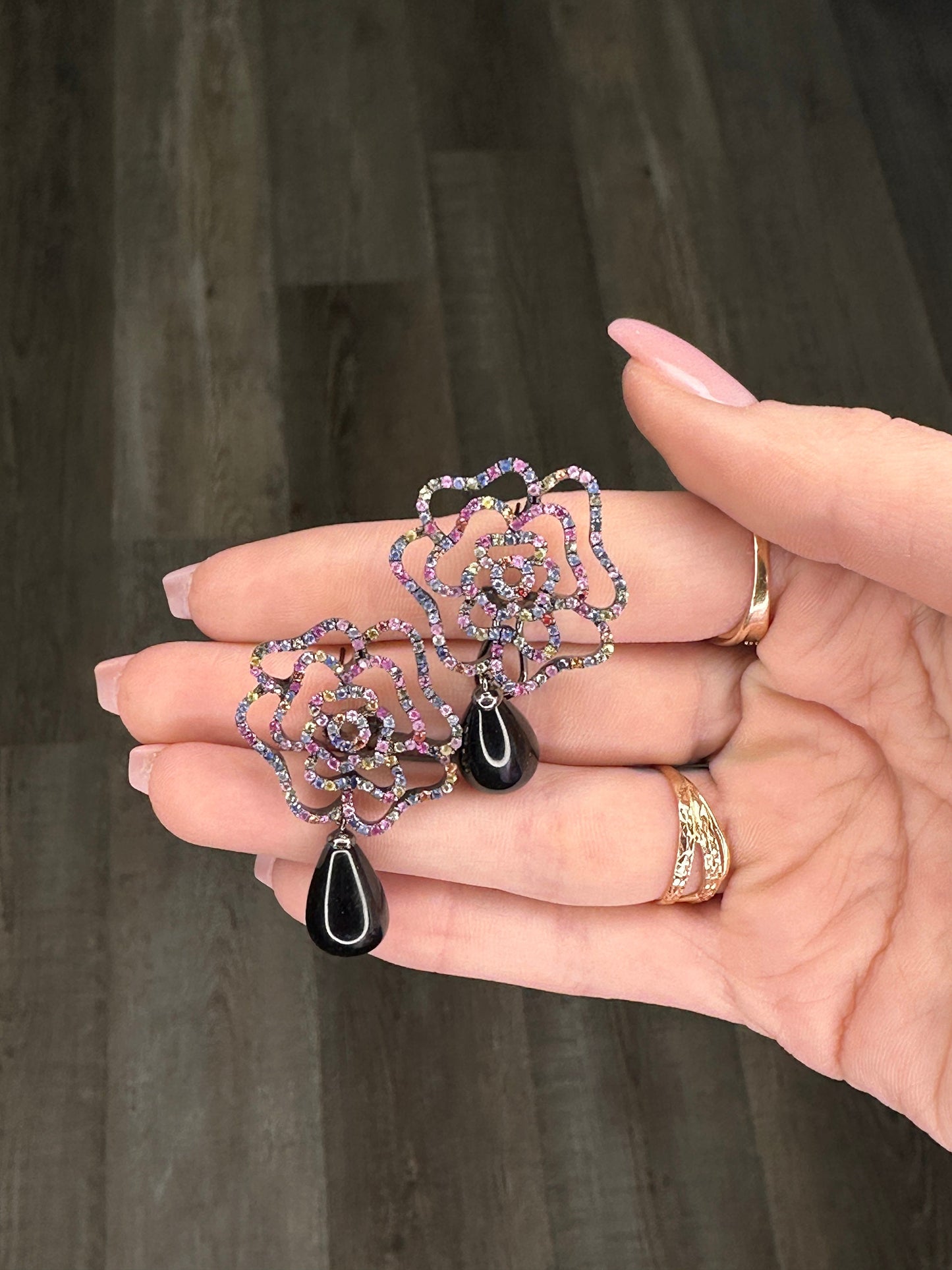 Levian Sterling Silver Multicolor Black Onyx Sapphire Floral Omega back Earrings