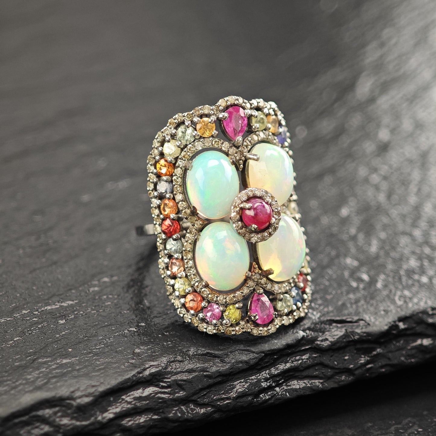 Oxidized Sterling Silver Ring with Ruby, Opal, Diamond, Sapphires