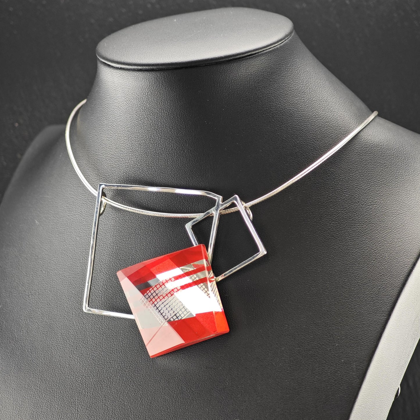 Pavel Novak Sterling Silver Red Glass Abstract, Modernist Necklace