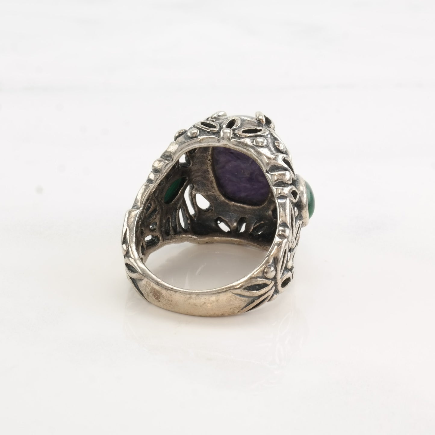 Vintage Carolyn Pollack Silver Ring Malachite Charoite Teardrop Sterling Size 8 1/2