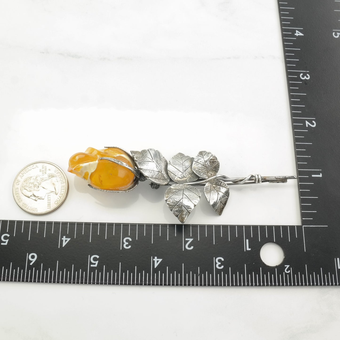 European Sterling Silver Brooch Rose, Floral Butterscotch Amber
