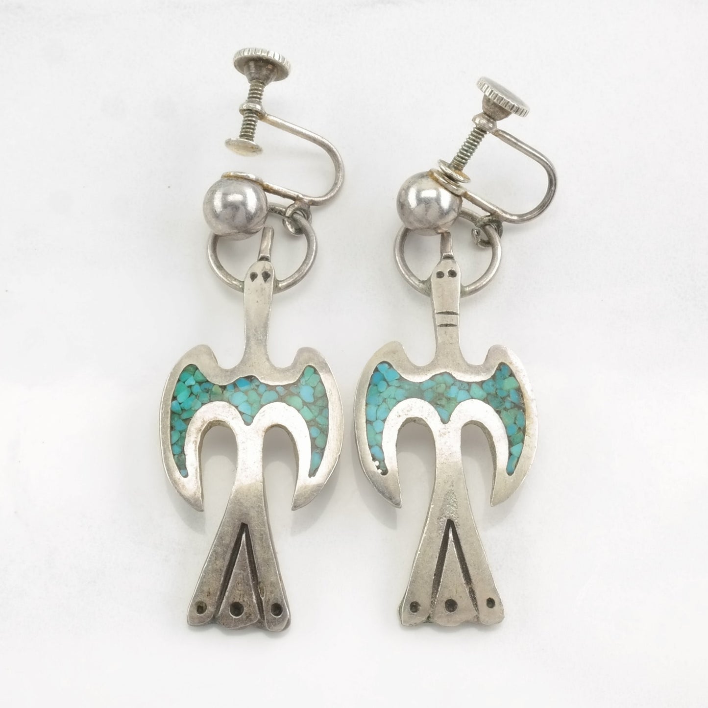 Native American Sterling Silver Blue Crushed Turquoise Inlay Bird Earrings Screwback, Dangle