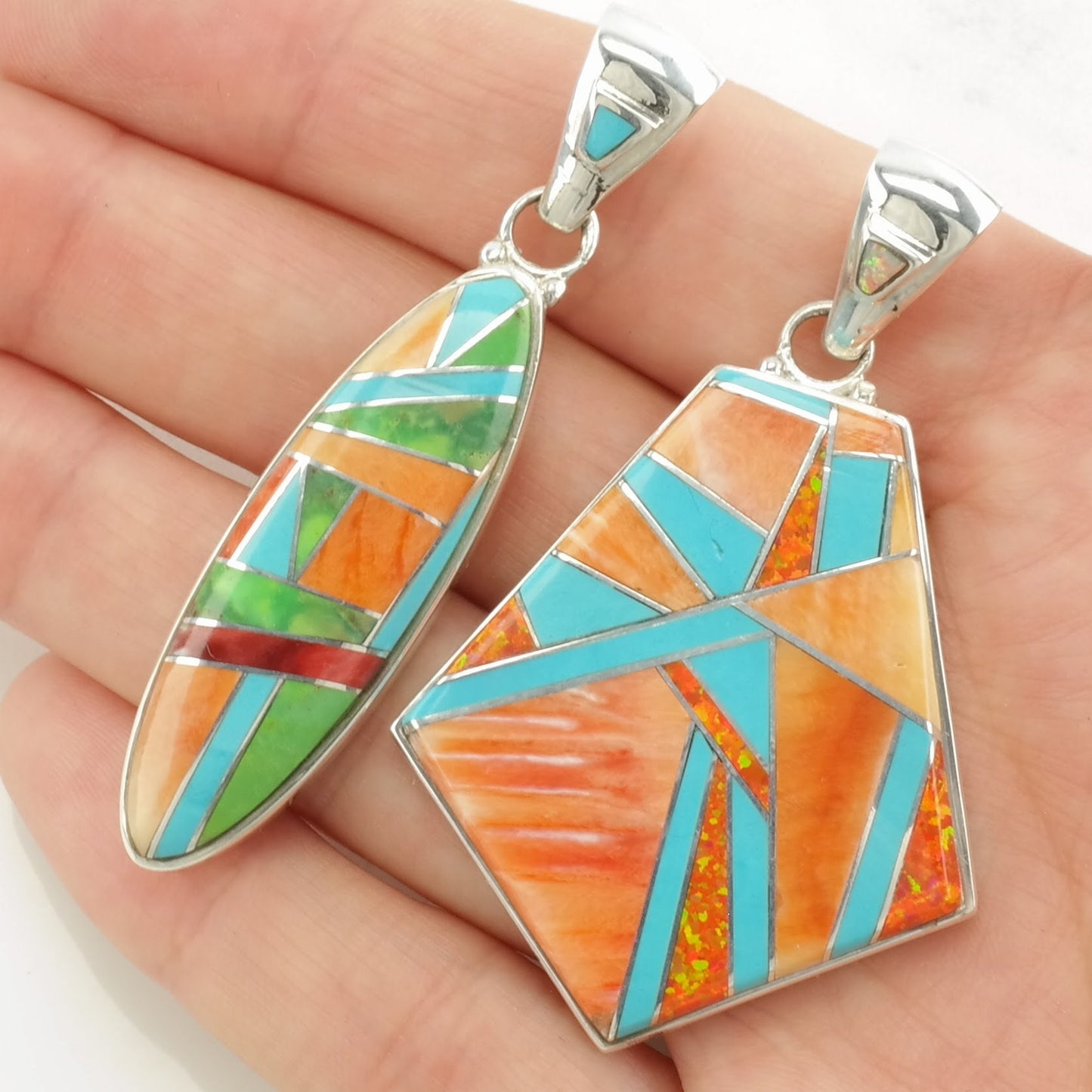 Vintage Southwest Multi Gemstone Inlay, Spiny Oyster Sterling Silver Pendant