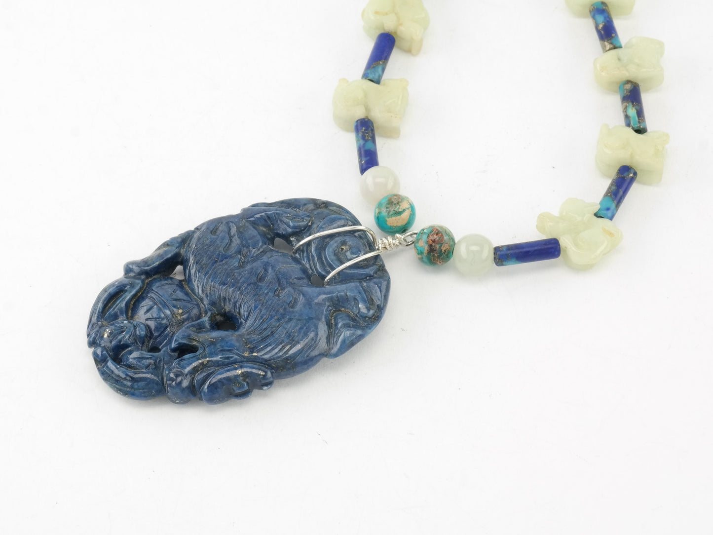 Vintage Sterling Silver & Jade Necklace | Carved Lapis Lazuli Dragon Pendant | White Jade Beads | Boho Chic | 24"