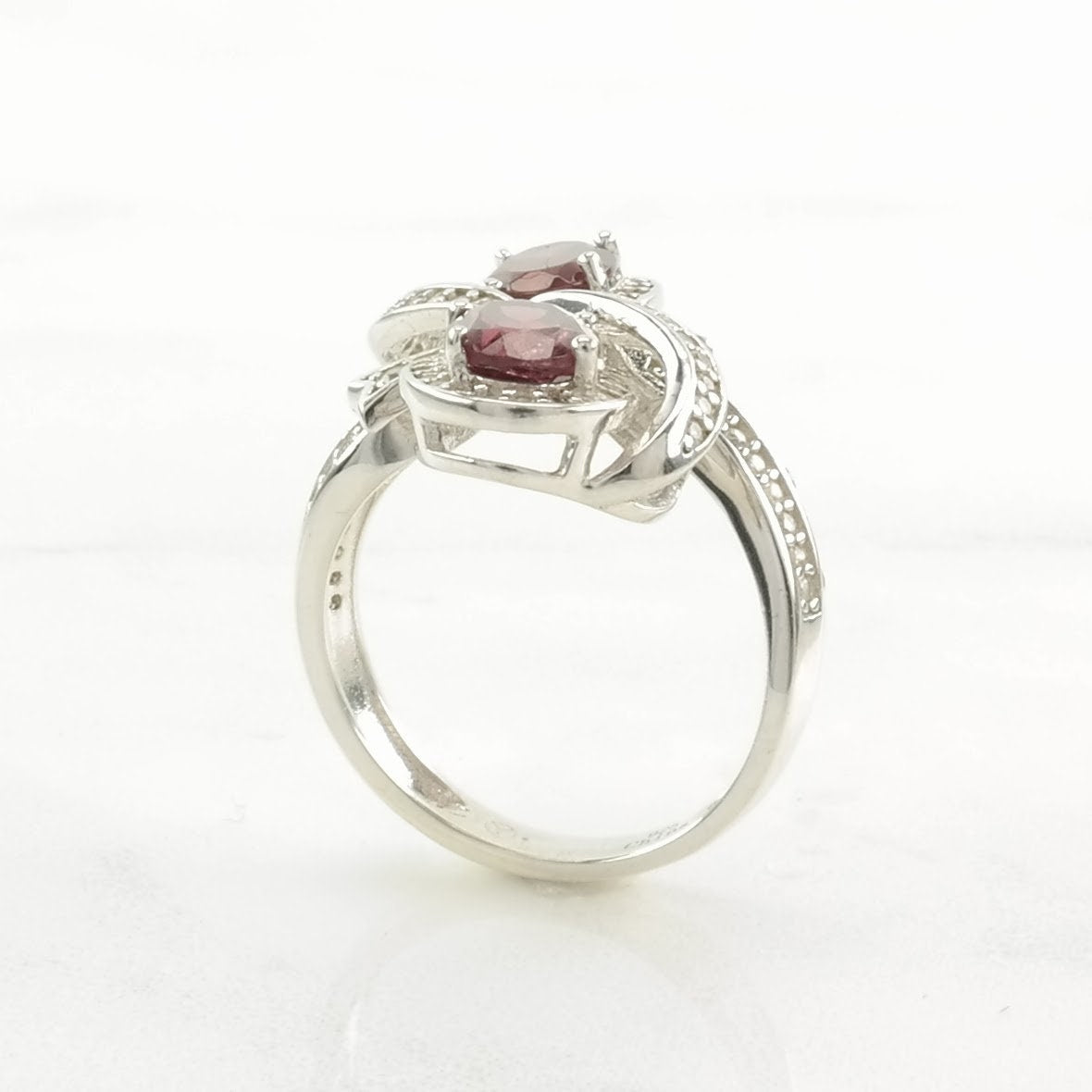 Vintage Sterling Silver Ring, Garnet White Zircons Ribbon Pink Size 5