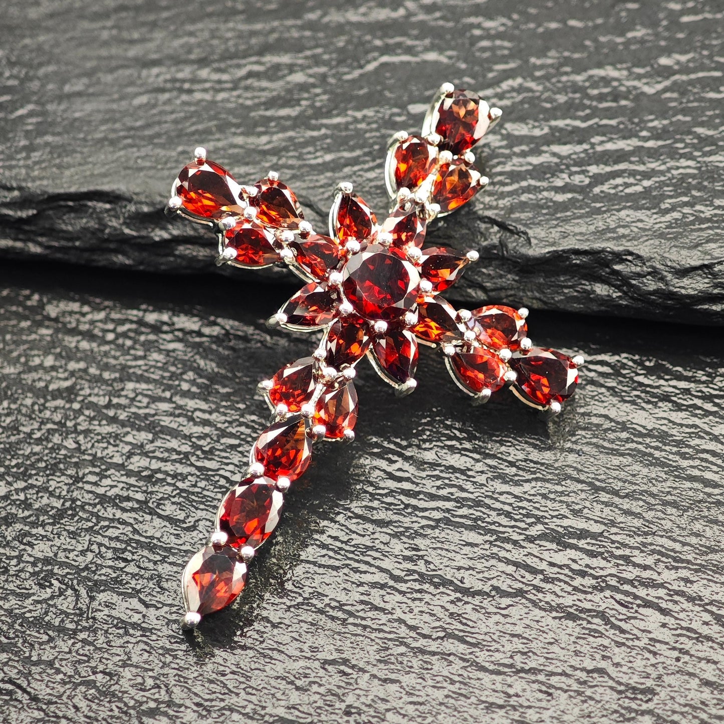 Vintage Garnet Cross Pendant Sterling Silver