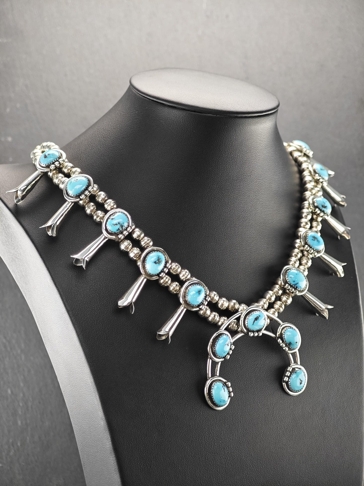 Vintage Native American Sterling Silver, Sleeping Beauty Squash Blossom Necklace