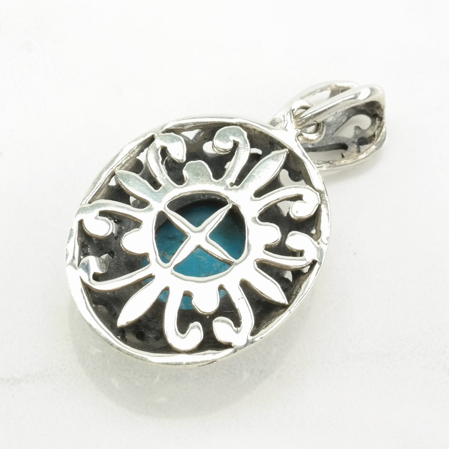 Vintage Southwest Block Turquoise Filigree Sterling Silver Pendant