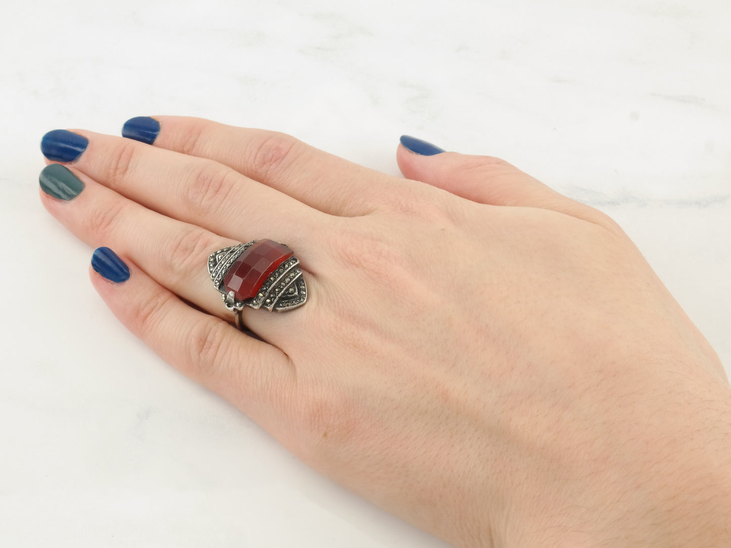 Antique Art Deco Silver Ring Carnelian Marcasite Sterling Size 3