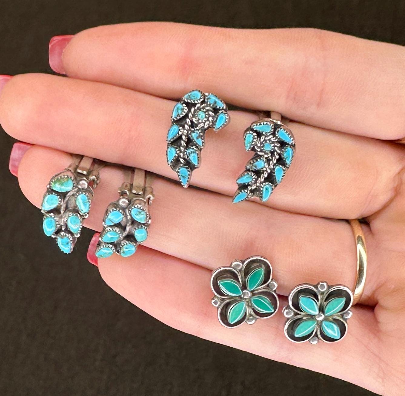 Native American Sterling Silver Turquoise Zuni Leaf Earrings Clip On