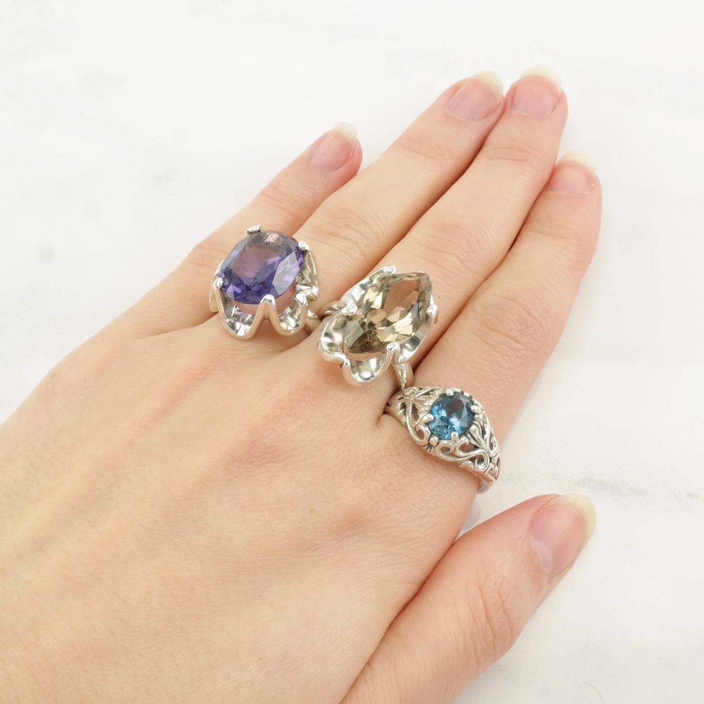 Vintage Kabana Silver Ring Topaz Scroll Sterling Blue Size 8 1/4