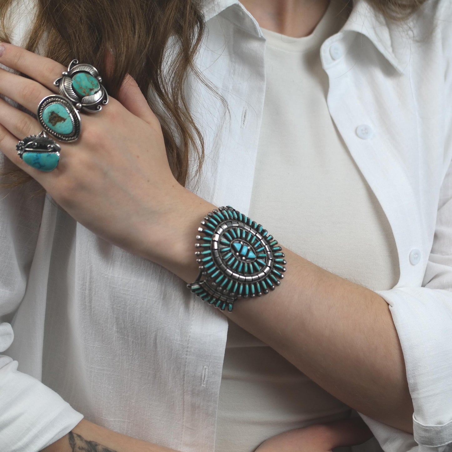 Native American Zuni Sterling Silver Cuff Bracelet Blue Turquoise Needlepoint Cluster